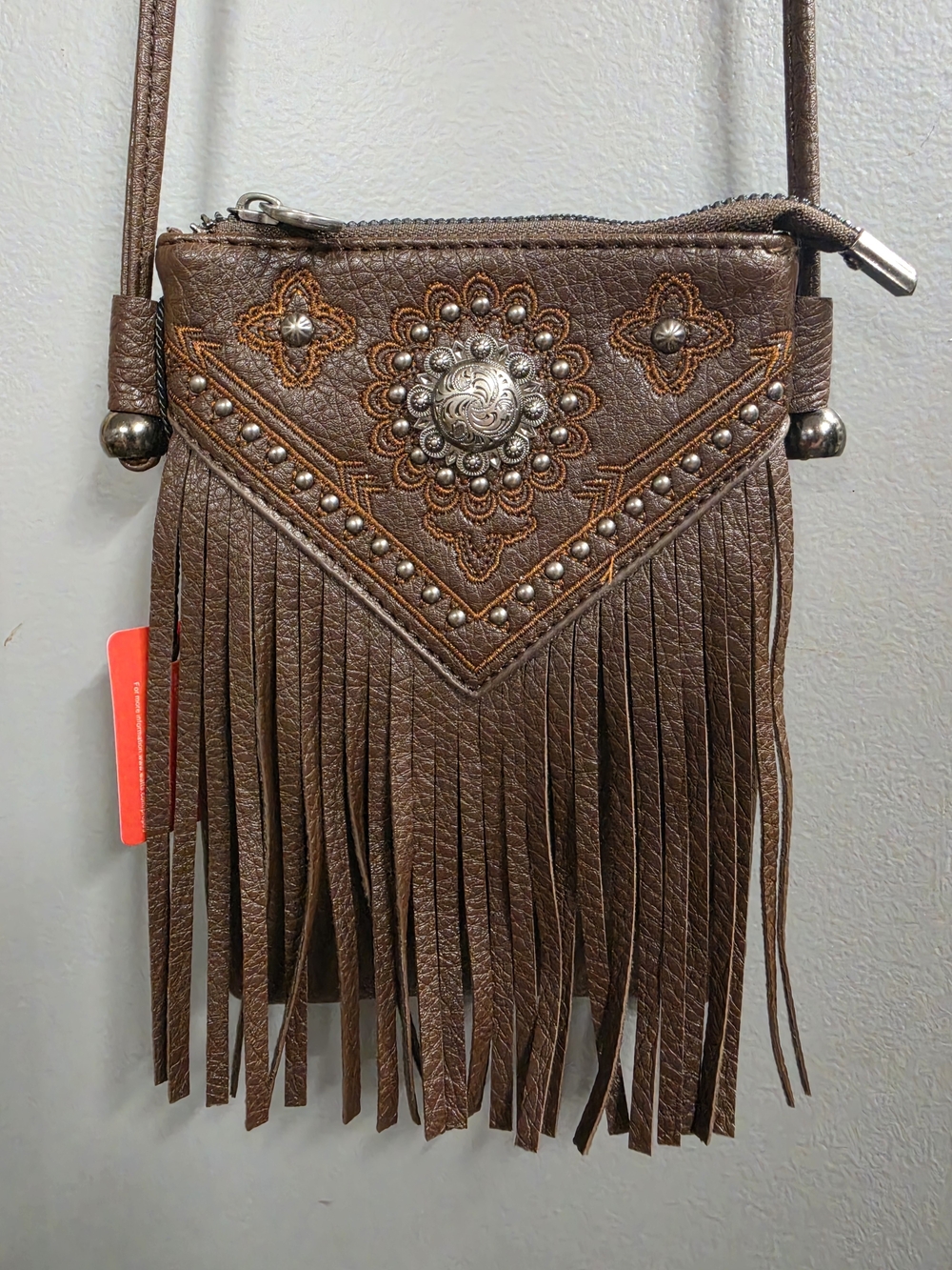American BLING Brown Fringe Crossbody with Decorative Concho and Stud Detail